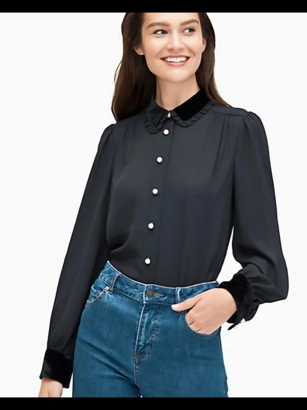 Black Satin Pearl Button-Front Blouse with Velvet Trim